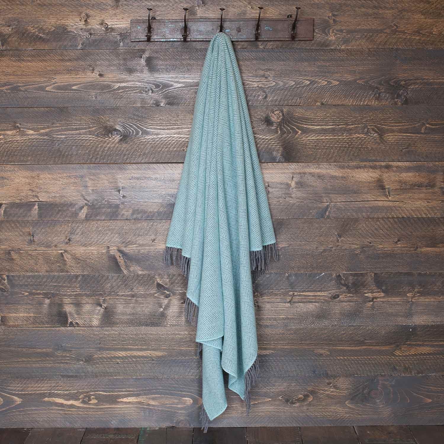 Merino Cashmere Blend Throw Duck Egg and Grey Herringbone - Image 3