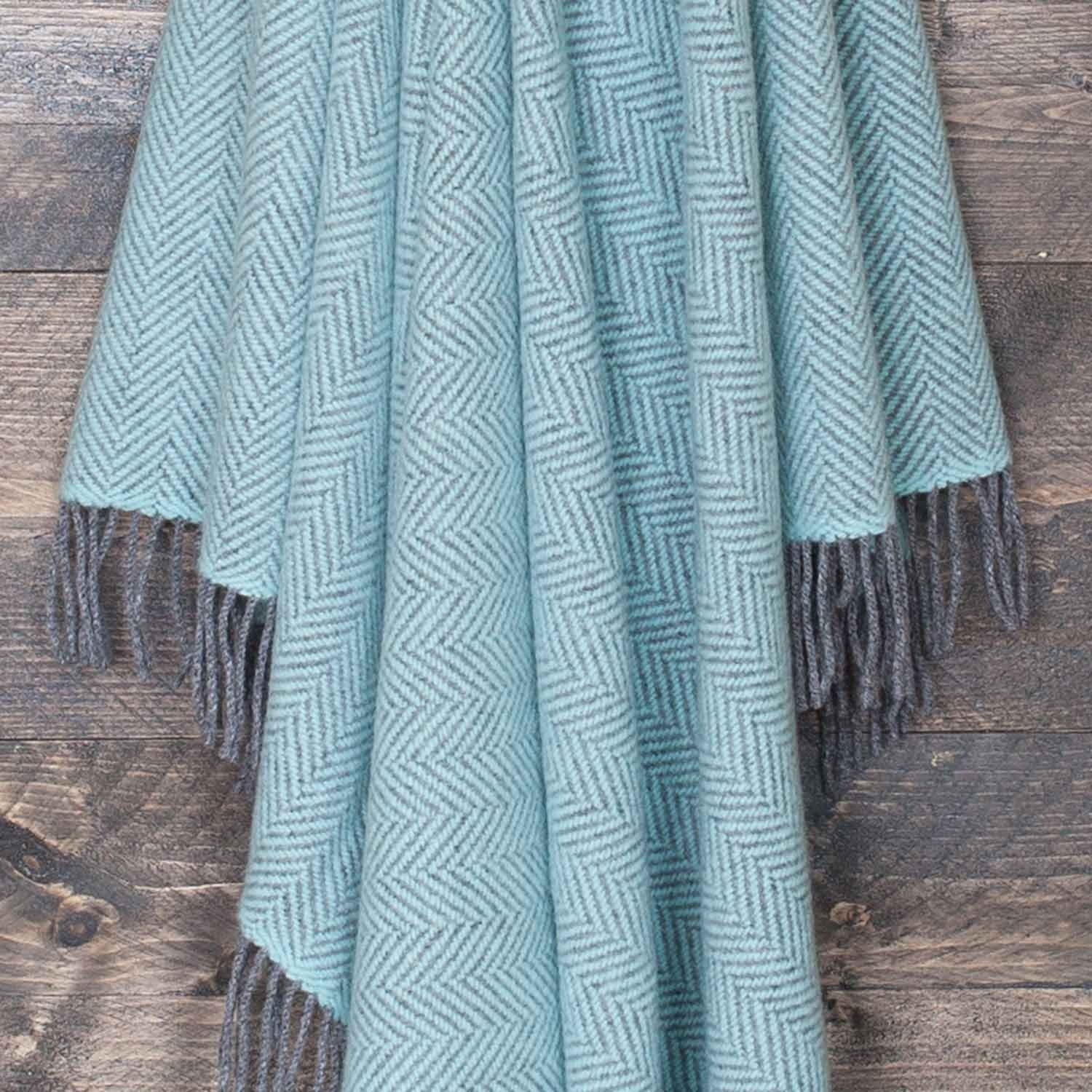 Merino Cashmere Blend Throw Duck Egg and Grey Herringbone - Image 4