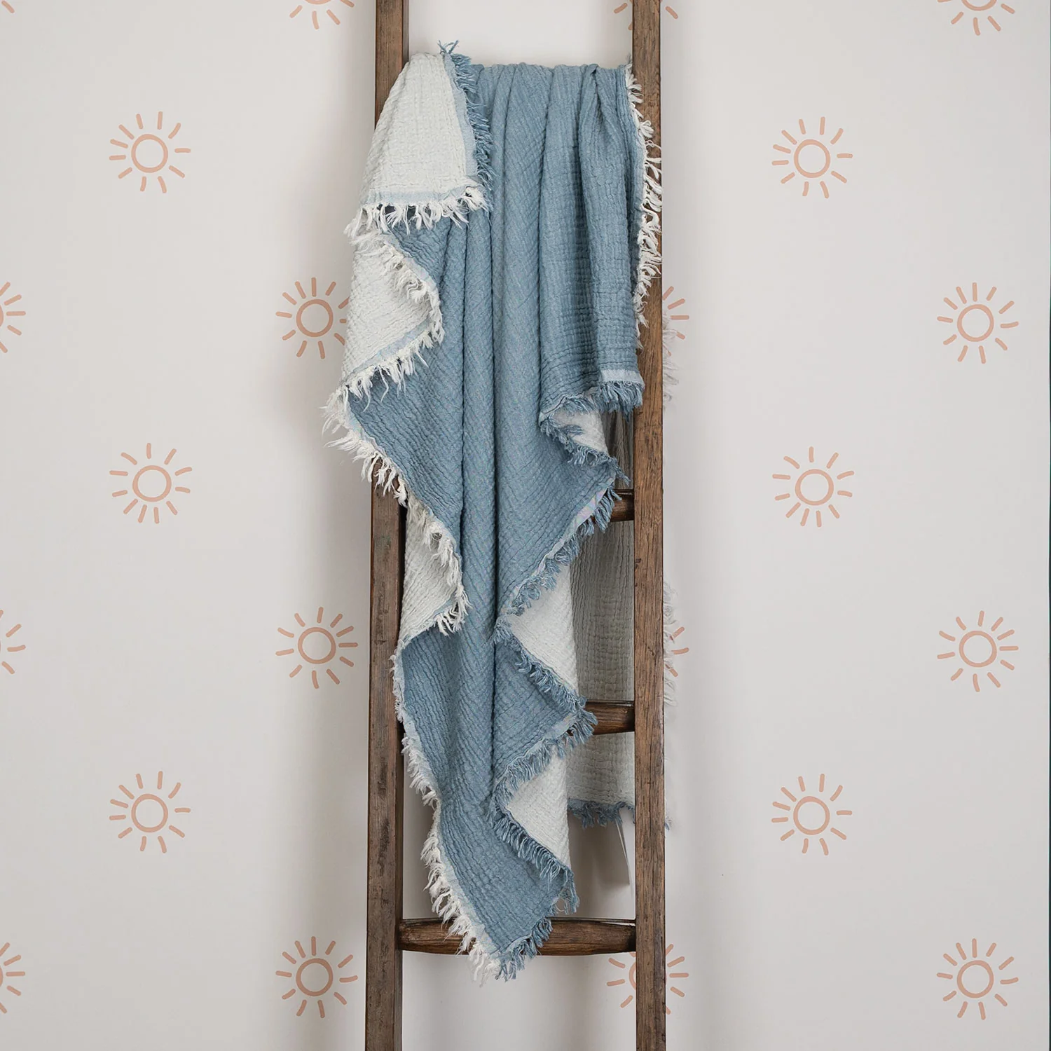 Organic Cotton Muslin Baby Blanket Denim & White - Image 3