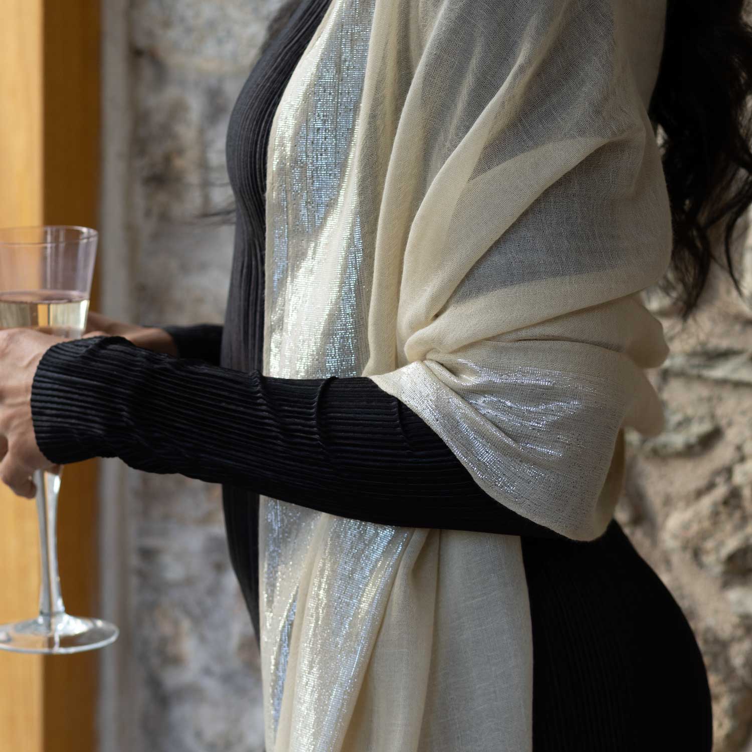 Silver Bordered Cashmere Pashmina Stole Gold - Image 6