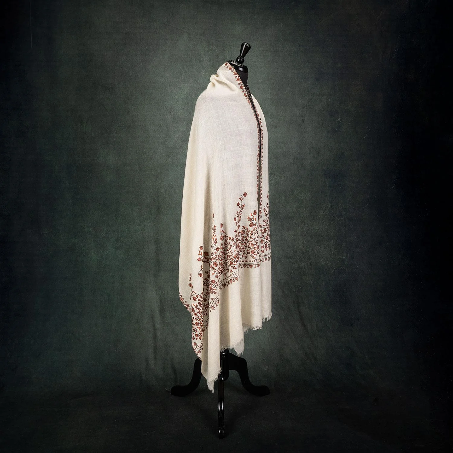 Spring of Kashmir Stole Black & Orange Hand Embroidery - Image 4