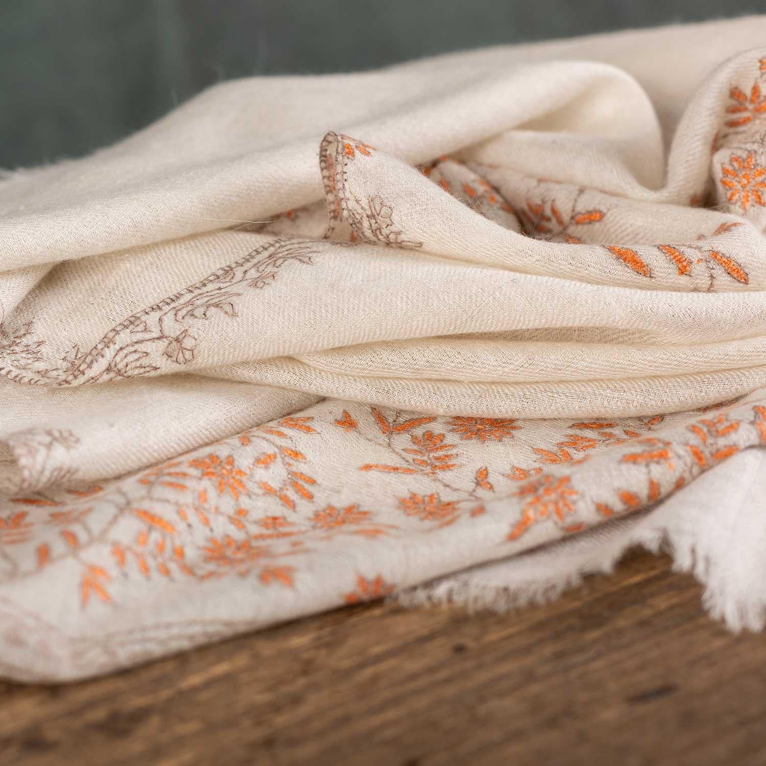 Spring of Kashmir Stole Orange Hand Embroidery - Image 2
