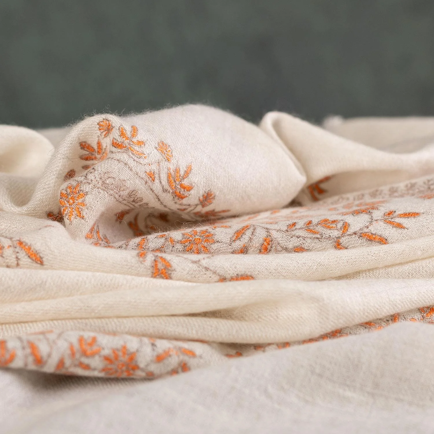 Spring of Kashmir Stole Orange Hand Embroidery - Image 7