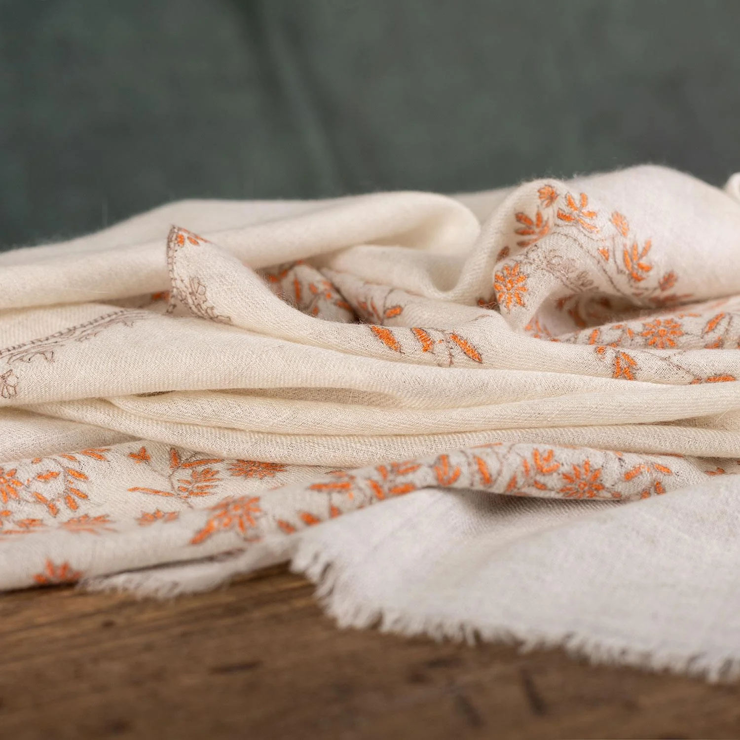 Spring of Kashmir Stole Orange Hand Embroidery - Image 8