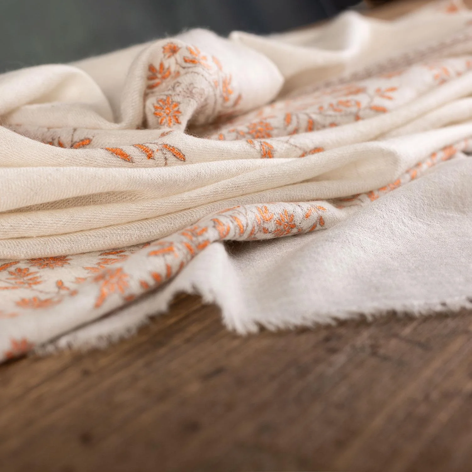 Spring of Kashmir Stole Orange Hand Embroidery - Image 9